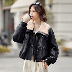 时尚羊羔毛翻领PU皮羽绒服女2025冬季新款加厚保暖白鸭绒皮衣外套，女装短外套，E百度