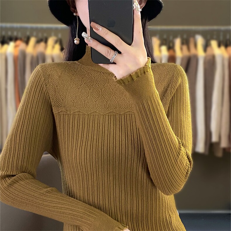 时尚半高领欧根纱拼接针织衫显瘦修身长袖毛衣女款,针织衫/毛衣,暖姿羊绒