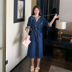 牛仔连衣裙女秋拼接假两件2024秋新款连帽休闲宽松减龄工装连衣裙，女装连衣裙，慧尚2-185
