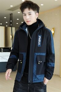 冬季牛仔棉服男模特加厚夹克风衣保暖外套工装棉衣黑色866加绒图片