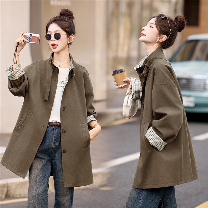 风衣女中长款2025秋季新款今年流行格子巨好看的韩系休闲立领外套，女装风衣，牡丹诺