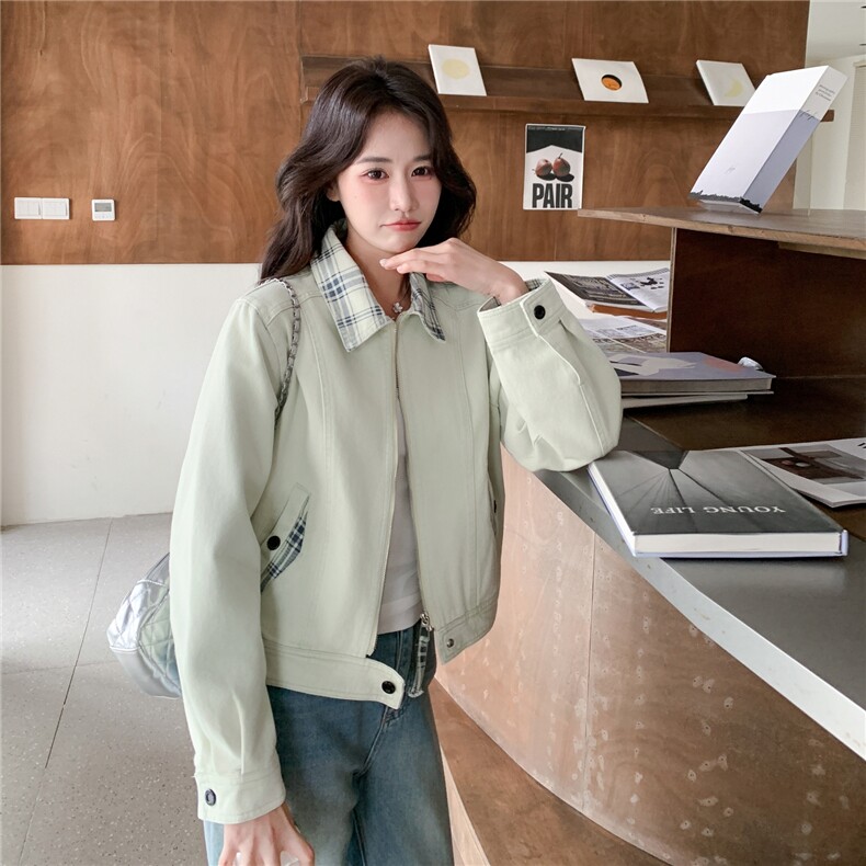 档口现货/格子拼接撞色休闲百搭牛仔外套2C233-908-P145-K248,女装短外套,2C233