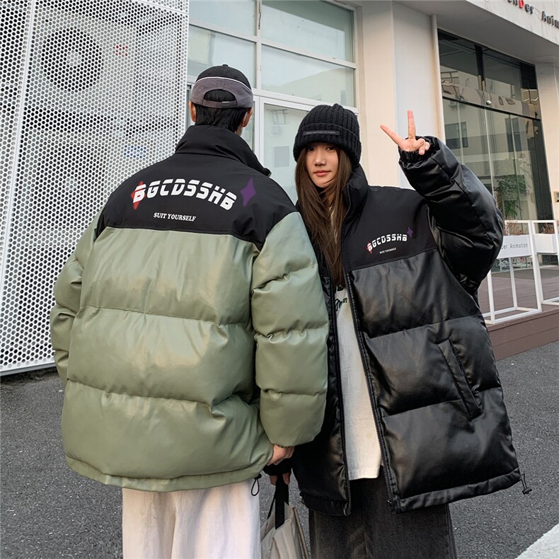 街景时尚字母印花宽松休闲情侣拼色PU皮棉服A247-MY406 P115控168图片
