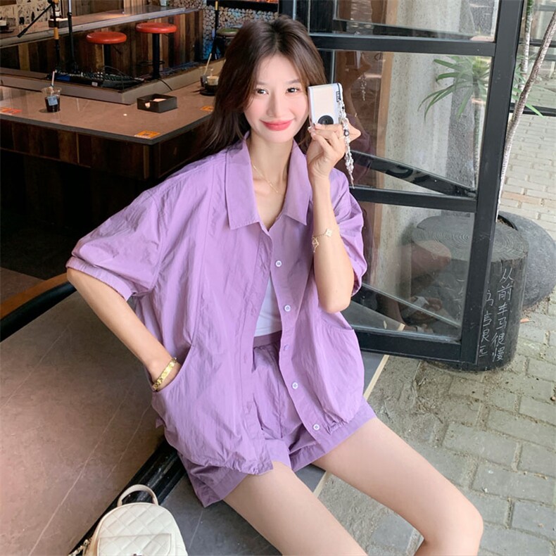 紫色休闲套装女夏季2025新款宽松设计感气质时尚衬衫短裤两件套,女装套装/套裙,2D143