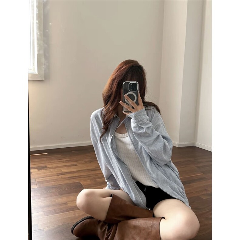 网图欧若风松弛极简蓝白条纹翻领外套JK401-P70,女装短外套,星座1213