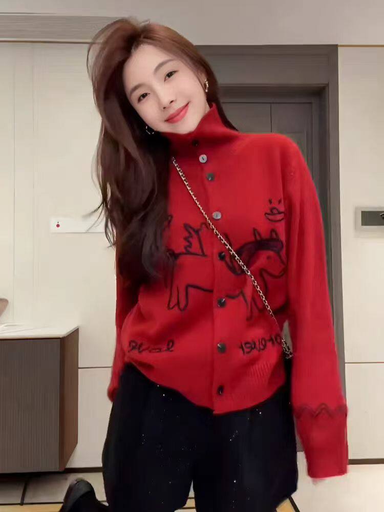 2026年秋季女时尚百搭通勤简约休闲小马元宝开衫，女装针织衫/毛衣，朝贺羊绒