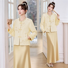 新中式G风套装女2026春新款优雅时尚复古盘扣刺绣文艺范两件套裙，女装套装/套裙，时尚俏佳人