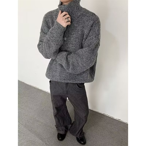 老钱风可翻高领毛衣男女高级感纽扣针织衫外套M5805-P75图片
