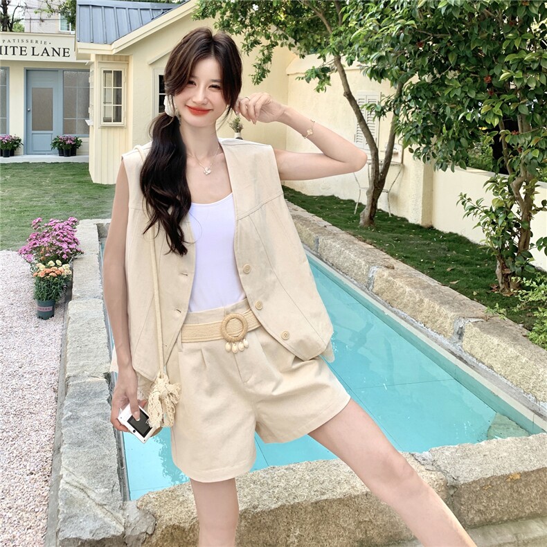 杏色休闲v领马甲短裤套装女2025夏季新款韩系气质小个子两件套潮,女装套装/套裙,2C050