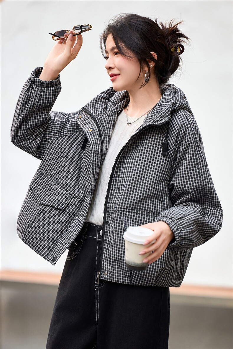 2025年冬季宽松连帽格子加厚棉衣服棉短款外套,女装棉衣/棉服,简韵佳