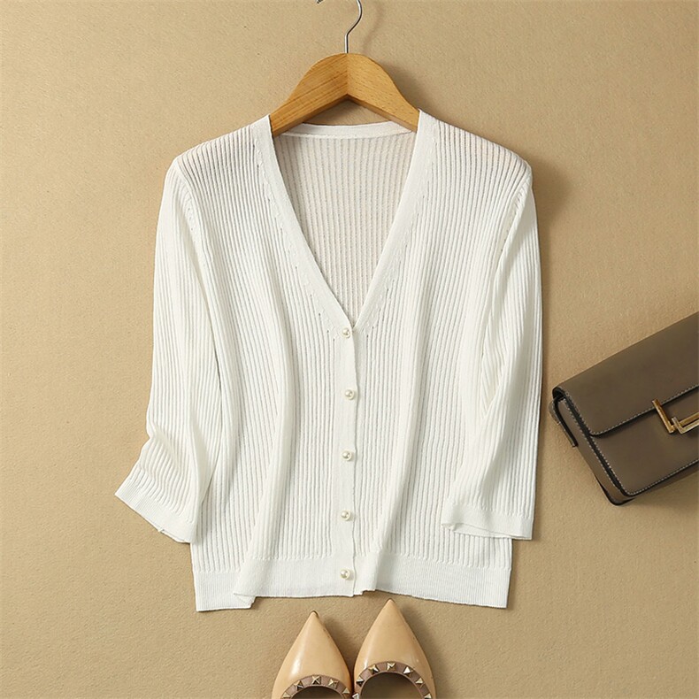 优雅百搭女士珍珠扣短款开衫轻薄舒适显瘦V领针织衫,针织衫/毛衣,凯冬羊绒