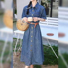 复古翻领短袖牛仔连衣裙女2024年夏季新款简约显瘦单排扣中长裙子，女装连衣裙，江南女神