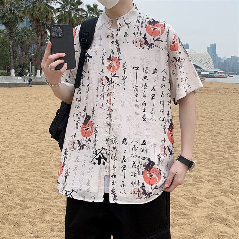 盘扣花纹短袖衬衫男复古唐装新中式风衬衣潮7010P40,男装衬衫,电商A056