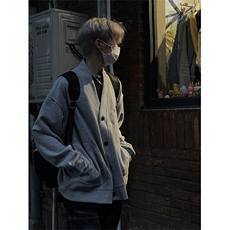 cleanfit美式复古灰色华夫格开衫卫衣男春秋美式V领重磅长袖外套，男装针织衫/毛衣，星座813-2
