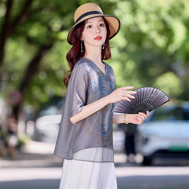现货！夏季新款2025套装女简约时尚优雅气质天丝麻料印花上衣,女装衬衫,涵墨