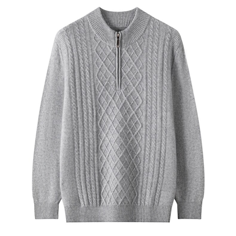 2025百搭时尚简约半高圆领拉链半开抽条羊绒上衣，男装羊绒套衫，忠诺羊绒