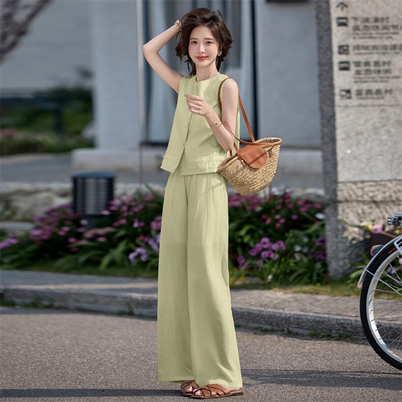 时尚花边拼接马甲阔腿裤套装女2025夏新款棉麻无袖上衣长裤两件套,女装套装/套裙,悦祺