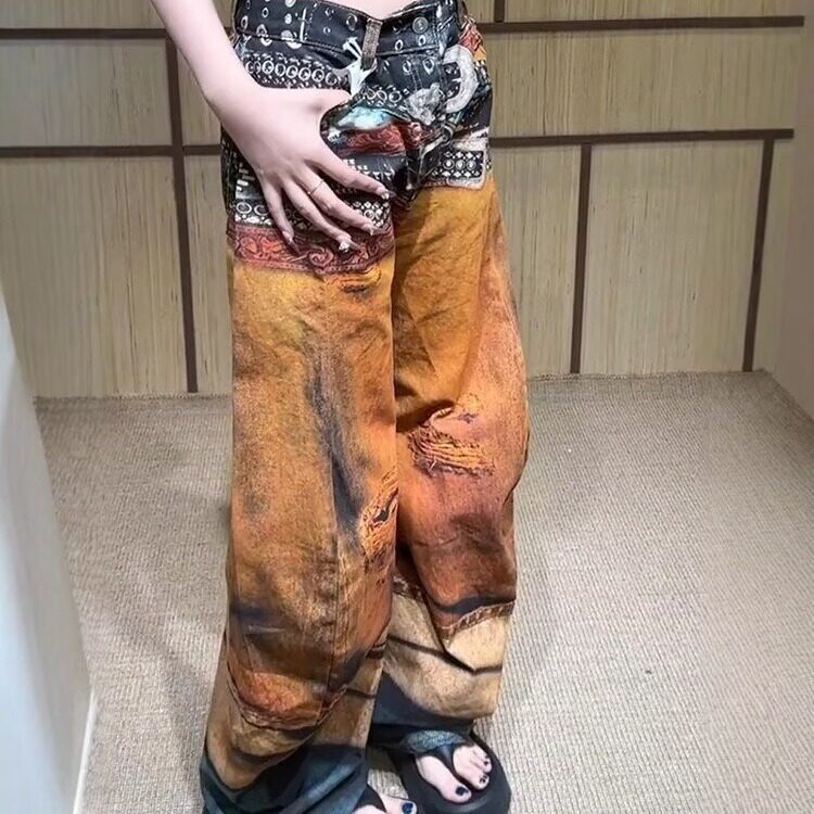 G967-P612025新款3D立体打印错觉复古彩色油画腰带弯刀牛仔裤,男装牛仔裤,电商B323A