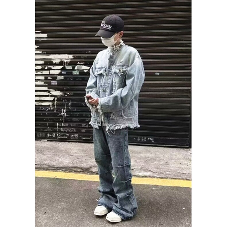 水洗做旧流苏毛边牛仔夹克男女复古潮牌休闲情侣外套上衣J8896,男装工装外套,星座1116A（原606A-3）