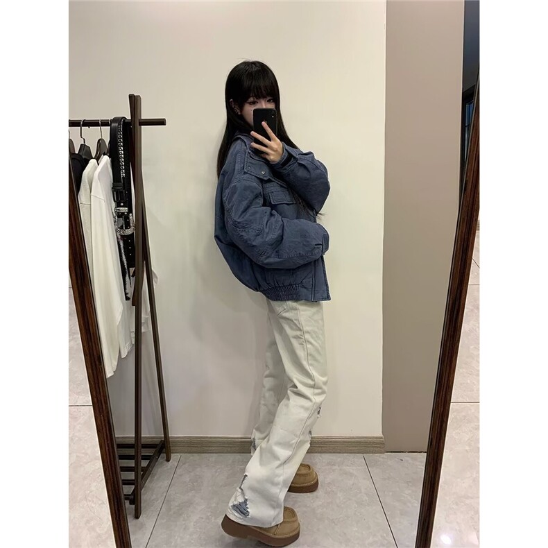 K7116-P50白色牛仔裤男新款美式高街cleanfit裤子破洞直筒,男装牛仔裤,电商B323A