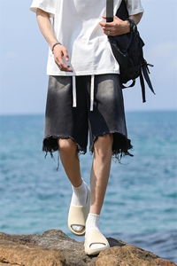 夏季薄款不规则破洞牛仔短裤男潮牌宽松五分裤子-A1060TP35控58图片