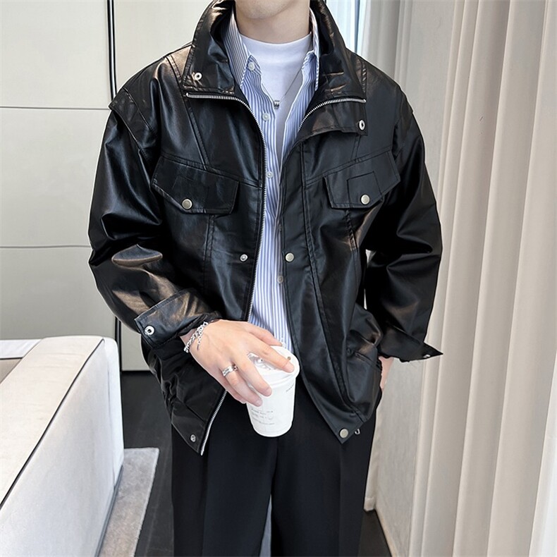 痞帅Pu皮衣小众设计感潮牌双拉链垫肩皮夹克男机车服秋冬高街外,男装夹克,星座218-1（原230）