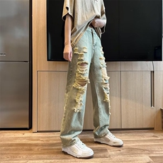 美式裤子高街潮牌水洗黄泥染破洞牛仔裤男女修身直筒裤~K7670，男装牛仔裤，星座601-2