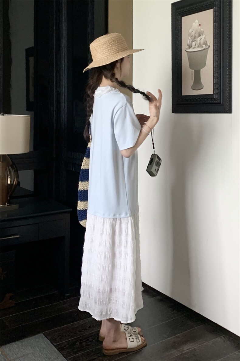 韩系下摆网纱拼接连衣裙女夏季2025新款宽松松弛感漂亮鱼尾长裙子,女装连衣裙,2C353