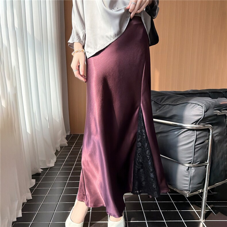 鎏金缎开衩蕾丝拼接半身裙,女装半身裙,圣丽羊绒