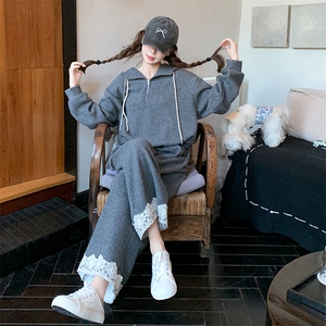 灰色韩系休闲运动卫衣套装女2025春秋季新款蕾丝拼接阔腿裤两件套图片