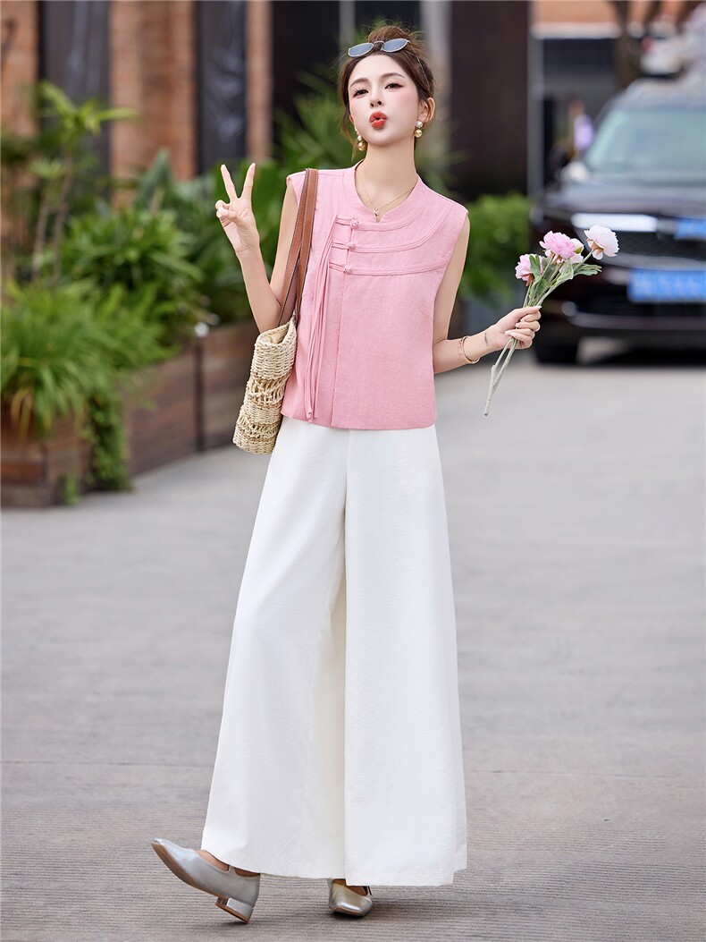 现货209-3277-P155-K218新款新中式夏季盘扣阔腿裤两件套,女装套装/套裙,韩蜜菓
