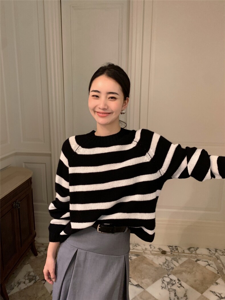 新款女圆领条纹插肩加厚针织衫宽松百搭外穿毛衣,针织衫/毛衣,玛卡隆羊绒