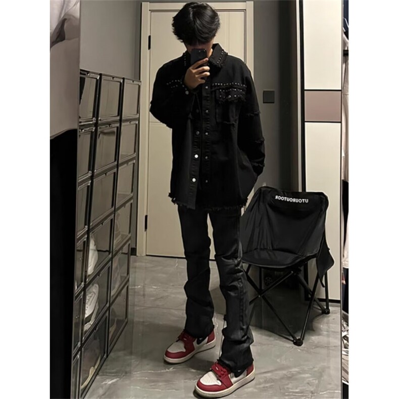 cleanfit黑色短款外套男潮高级感痞帅小众设计感流苏铆钉牛仔夹克,男装夹克,星座506A