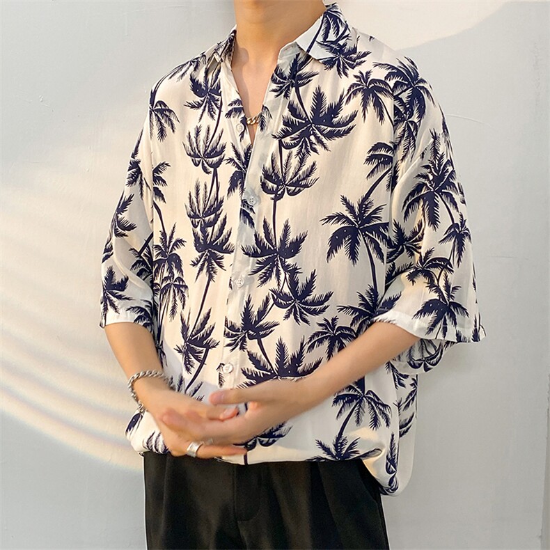 夏季冰丝花衬衫男海边沙滩短袖男潮流ins宽松花衬衣CS801-P35,男装T恤,电商A062