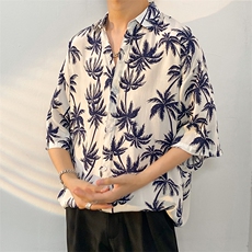 夏季冰丝花衬衫男海边沙滩短袖男潮流ins宽松花衬衣CS801-P35，男装T恤，电商A062