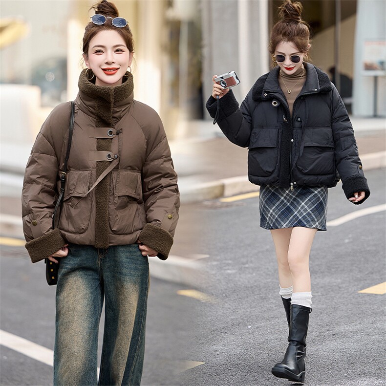 时尚新款仿羊羔毛拼接休闲小个子白鸭绒羽绒服女短款加厚保暖外套,女装羽绒服,采品优优