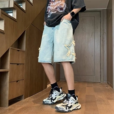 美式星星牛仔短裤男夏季毛边裤子宽松阔腿情侣五分中裤D3098-P38，男装牛仔裤，星座1008