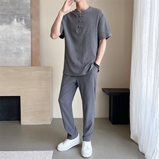 夏季褶皱盘扣休闲套装男士舒适轻薄透气风短袖T恤两件套TZ400，男装T恤，星座305A（原312A-1）