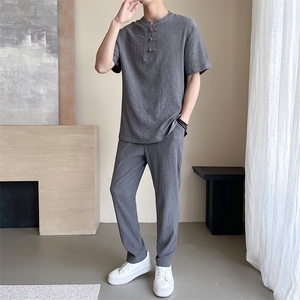 夏季褶皱盘扣休闲套装男士舒适轻薄透气风短袖T恤两件套TZ400图片