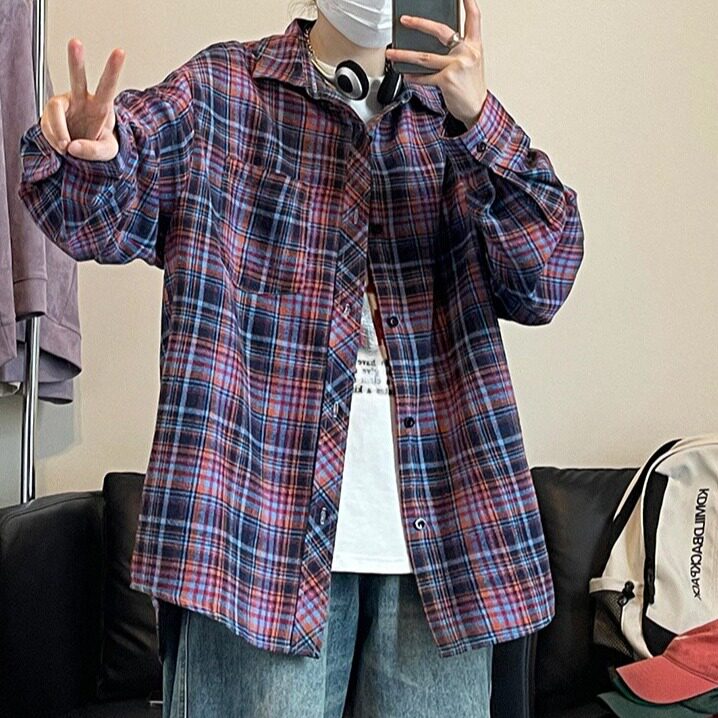 格子衬衫男长袖春秋季新款美式复古高街潮牌休闲宽松翻领衬衣外套,男装衬衫,星座1210-1