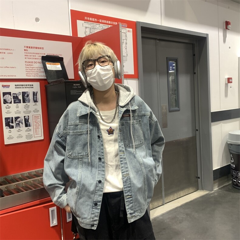 秋季港风男士假两件连帽牛仔外套男帽子可拆卸JK3901-P78图片