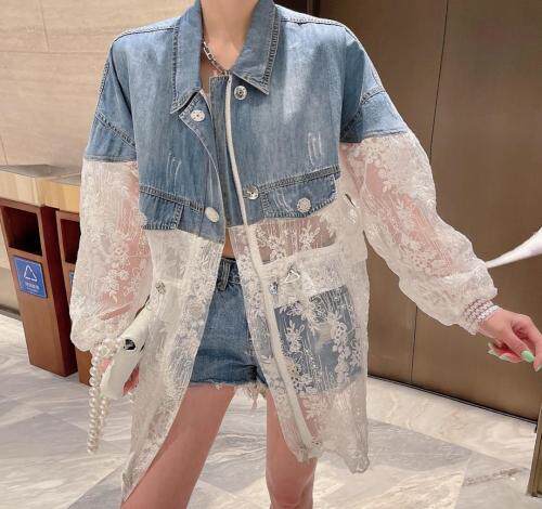 现货重工牛仔拼接蕾丝欧根纱防晒衣外套，女装，漫迪MD