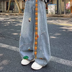 牛仔裤男春秋季高街复古宽松阔腿长裤潮牌涂鸦直筒裤子NZA512，男装牛仔裤，星座516A