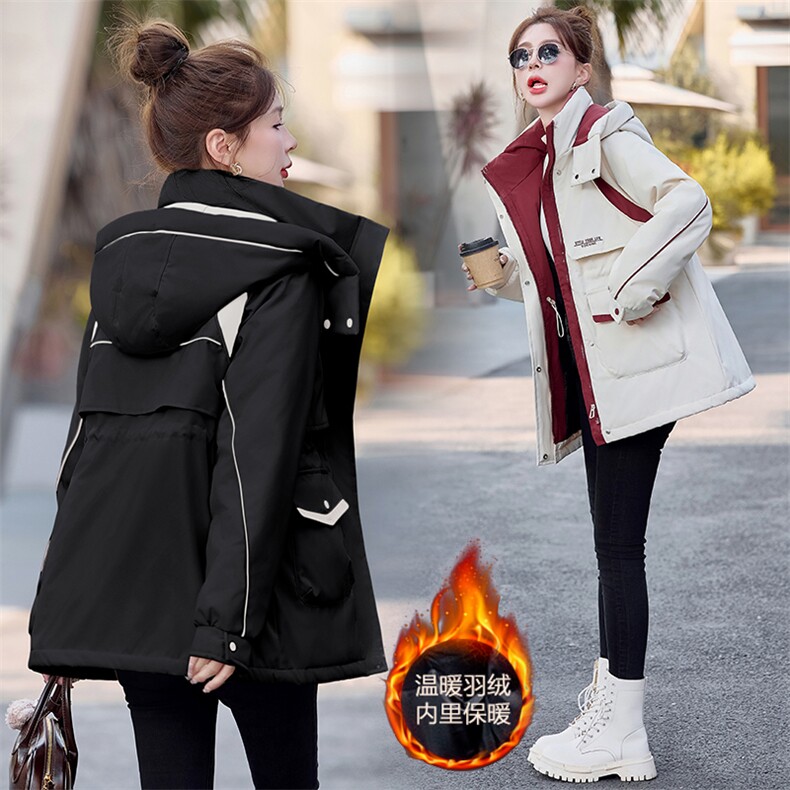 拼色工装羽绒服女中长款2026冬季新款保暖白鸭绒冲锋衣派克服外套图片