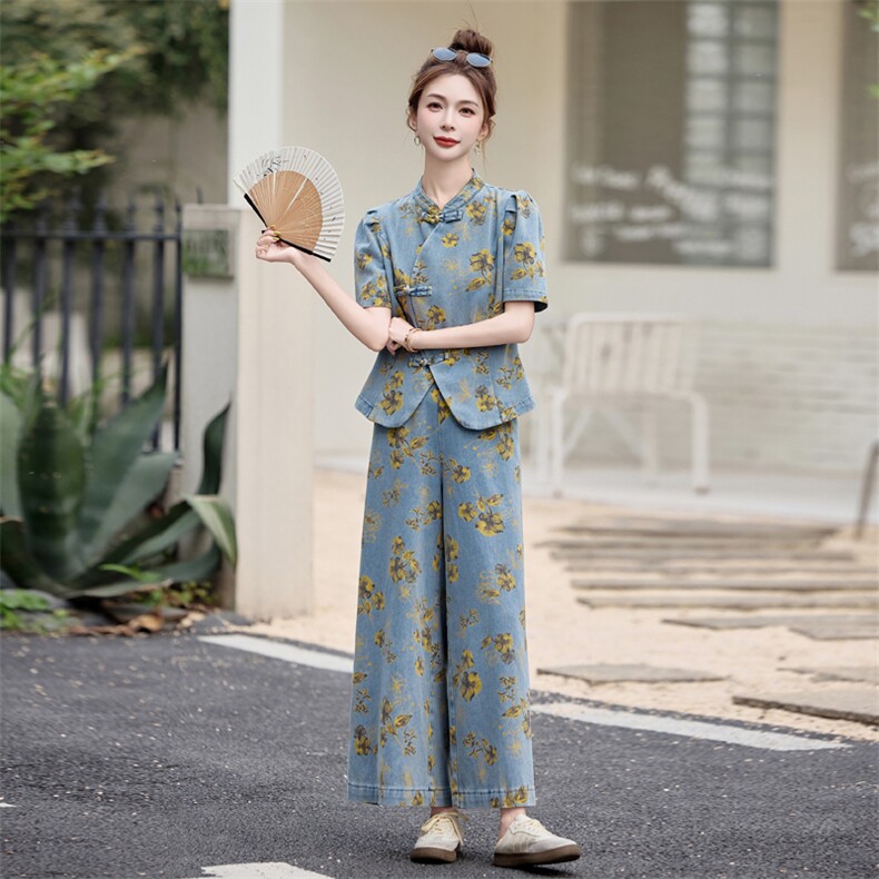 新中式印花牛仔套装女2025夏季新款爆款气质高级感阔腿裤两件套,女装套装/套裙,曼娅璐