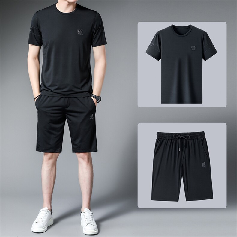 运动套装男装夏季圆领短袖长裤休闲商务运动服半袖冰丝薄款三件套,男装休闲套装,电商B212（原钱塘6029）