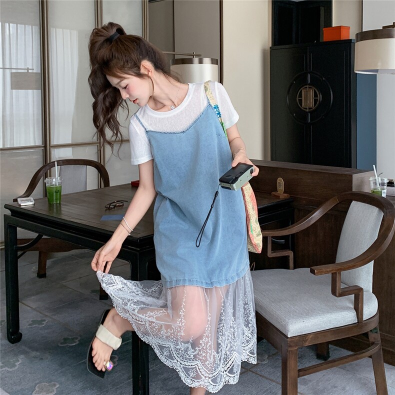 小个子夏日清纯甜美穿搭套装女2025新款t恤网纱牛仔吊带裙两件套,女装连衣裙,2C032
