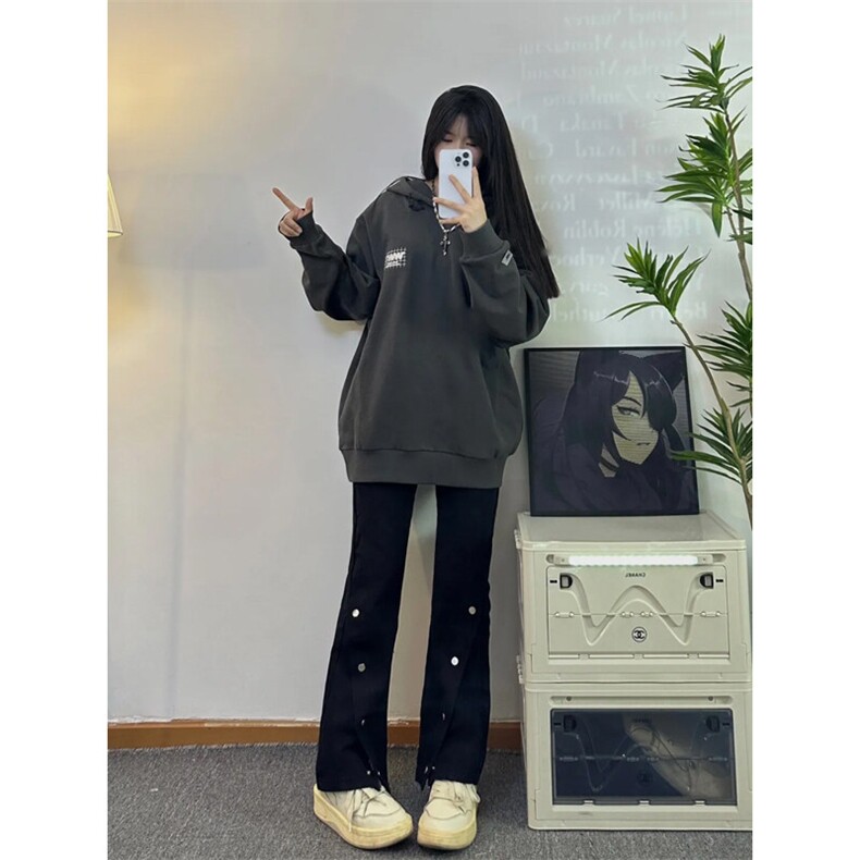 高街美式排扣牛仔裤拉链设计感直筒牛仔裤图片