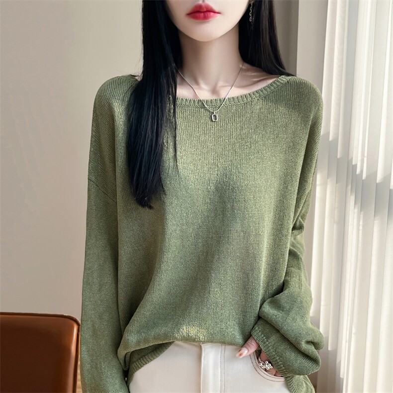 宽松简约百搭亚麻长袖T恤女2025夏微透松弛感显瘦罩衫纯色薄上衣,女装蕾丝衫/雪纺衫,东远绒业