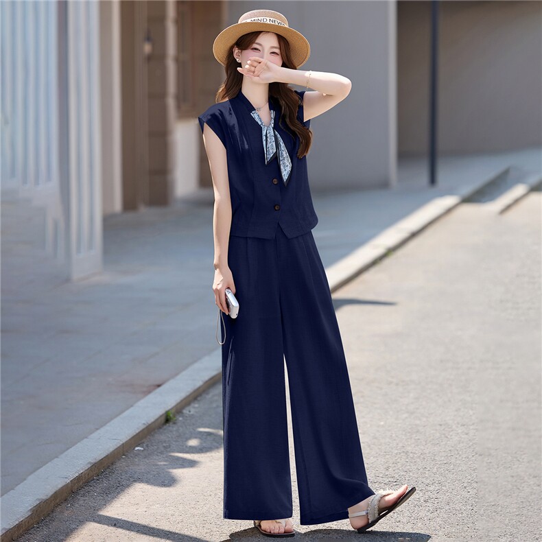 休闲时尚亚麻套装女2026夏季新款韩系减龄无袖上衣阔腿裤两件套潮,女装套装/套裙,意芙